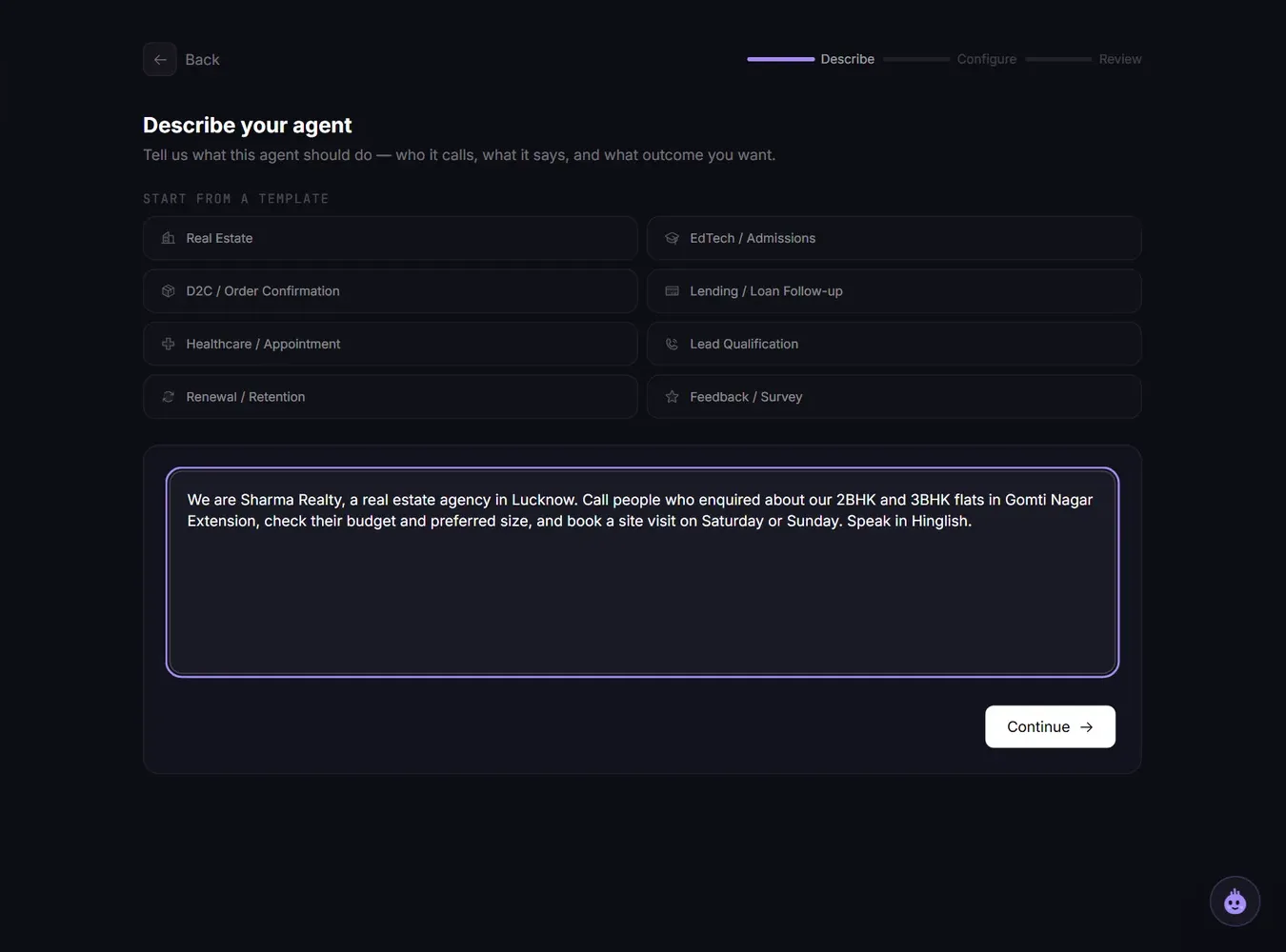 The first step of the agent builder, with a short business description typed in