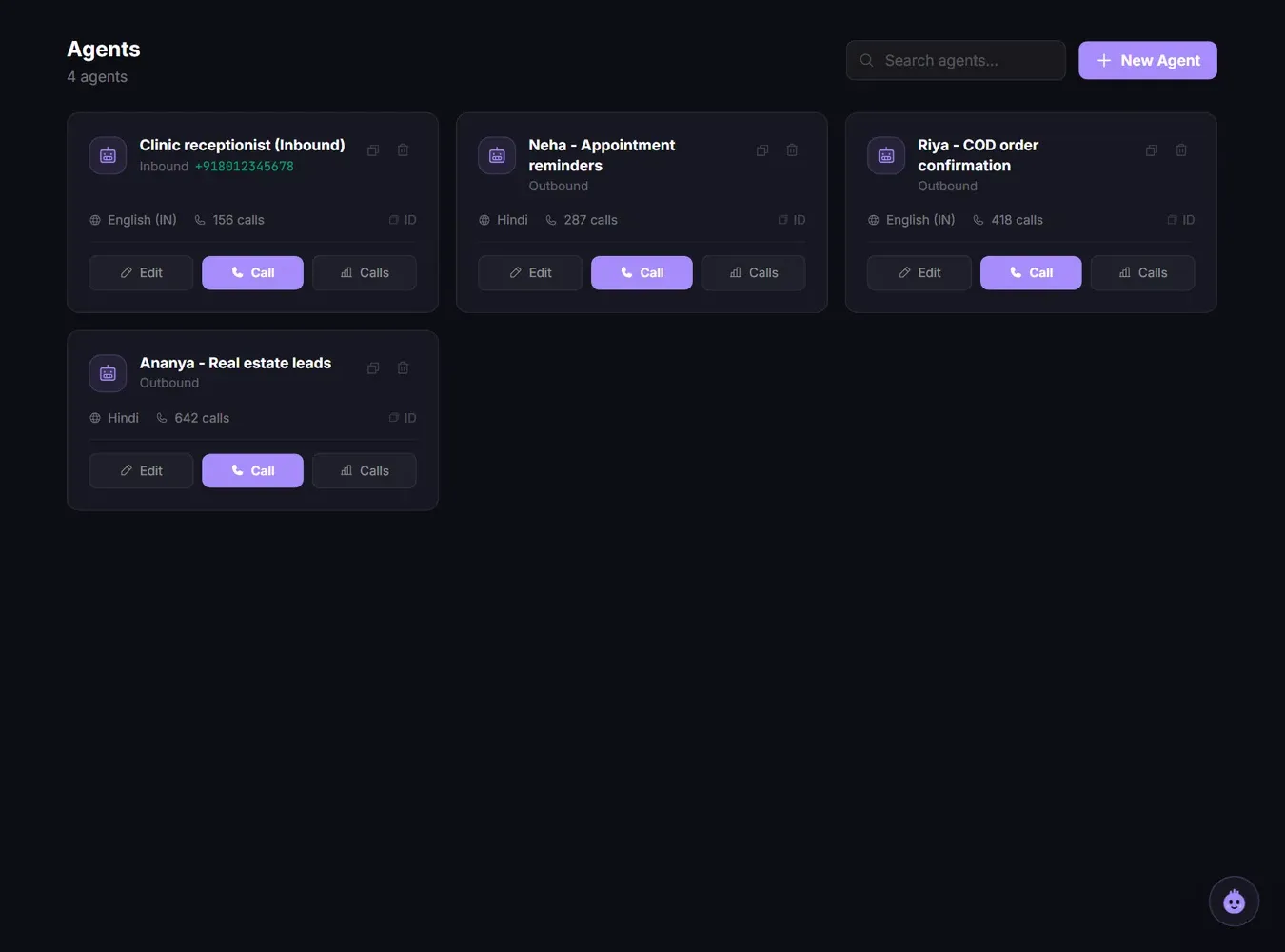 The Agents page with agent cards, each with Edit, Call and Calls buttons