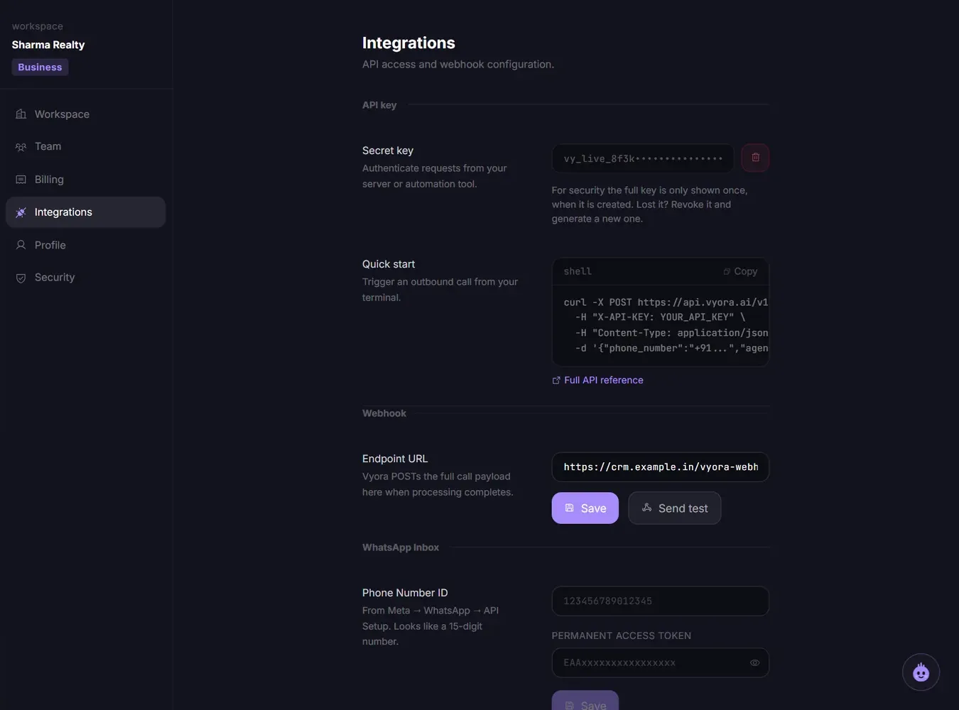 Settings, Integrations tab with a masked API key and a webhook URL