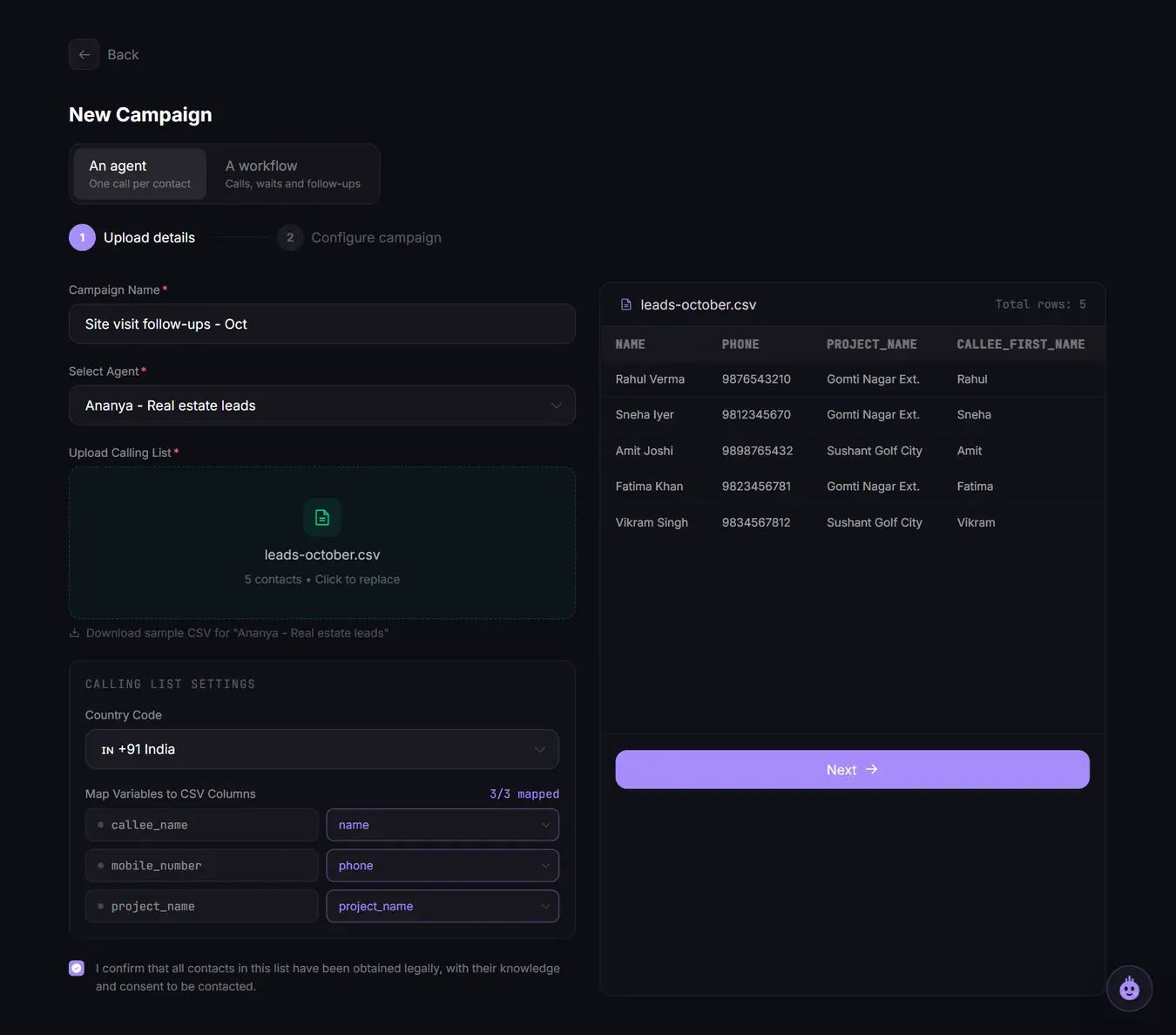 Campaign Builder after uploading a CSV, with a preview of contacts and all columns mapped