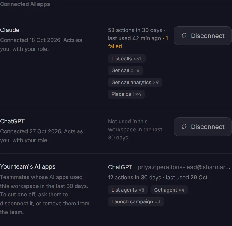 Connected AI apps in Settings, with Claude and ChatGPT, their recent actions and Disconnect buttons