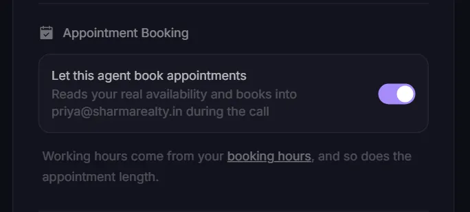 The agent editor switch that lets the agent book appointments