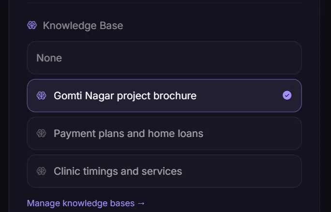 The knowledge base picker in the agent editor with one knowledge base selected