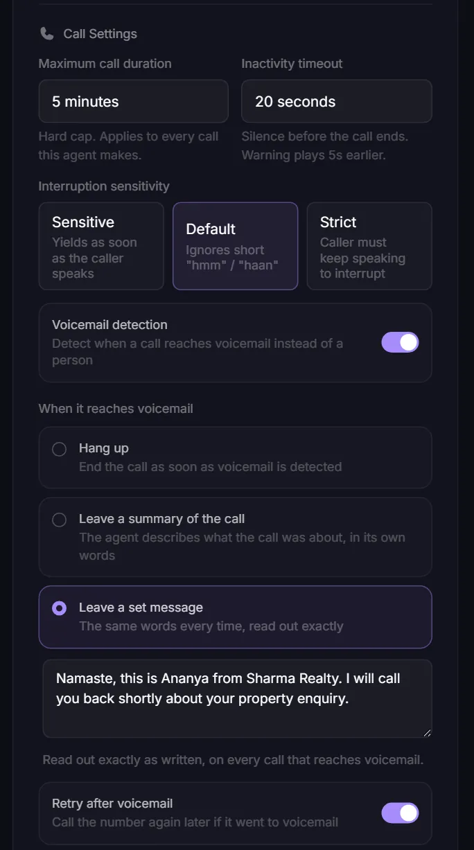 Agent call settings with voicemail detection switched on and a message to leave