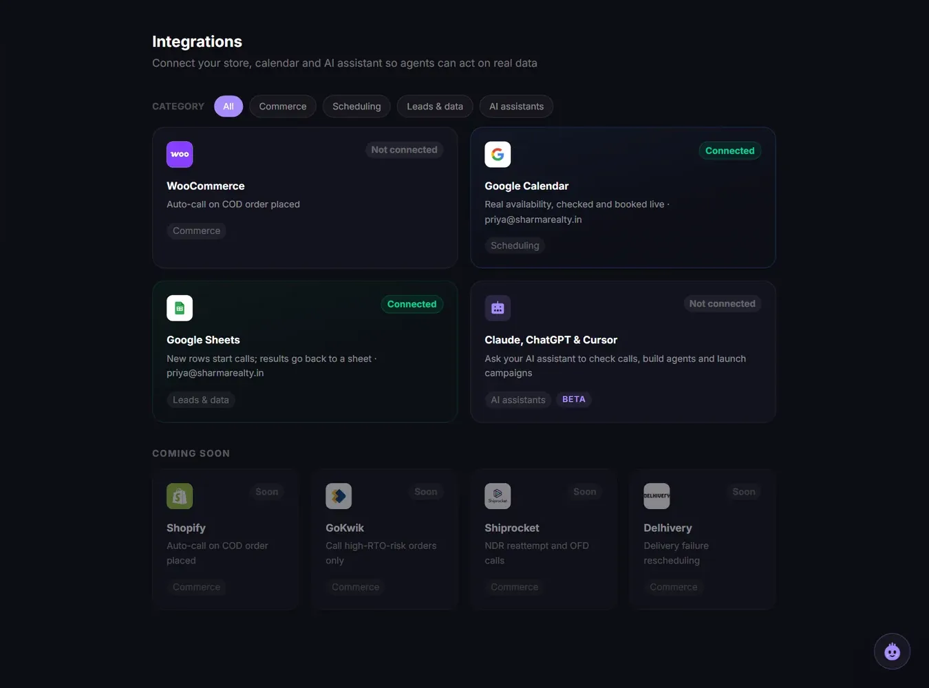 The Integrations page with Google Sheets connected