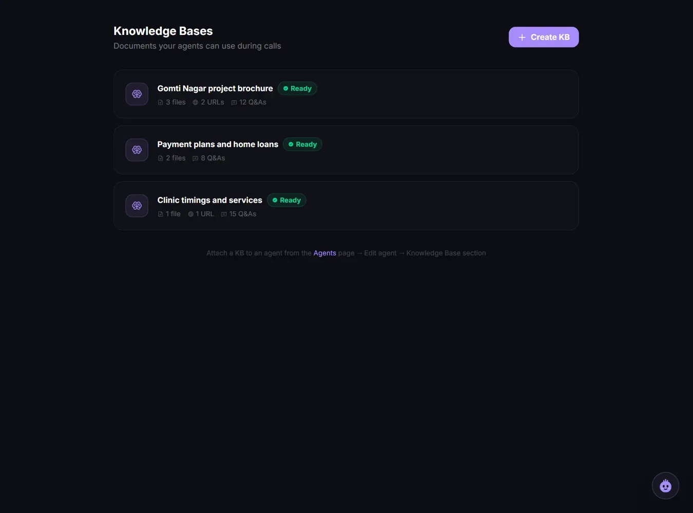 The Knowledge Bases page with three ready knowledge bases