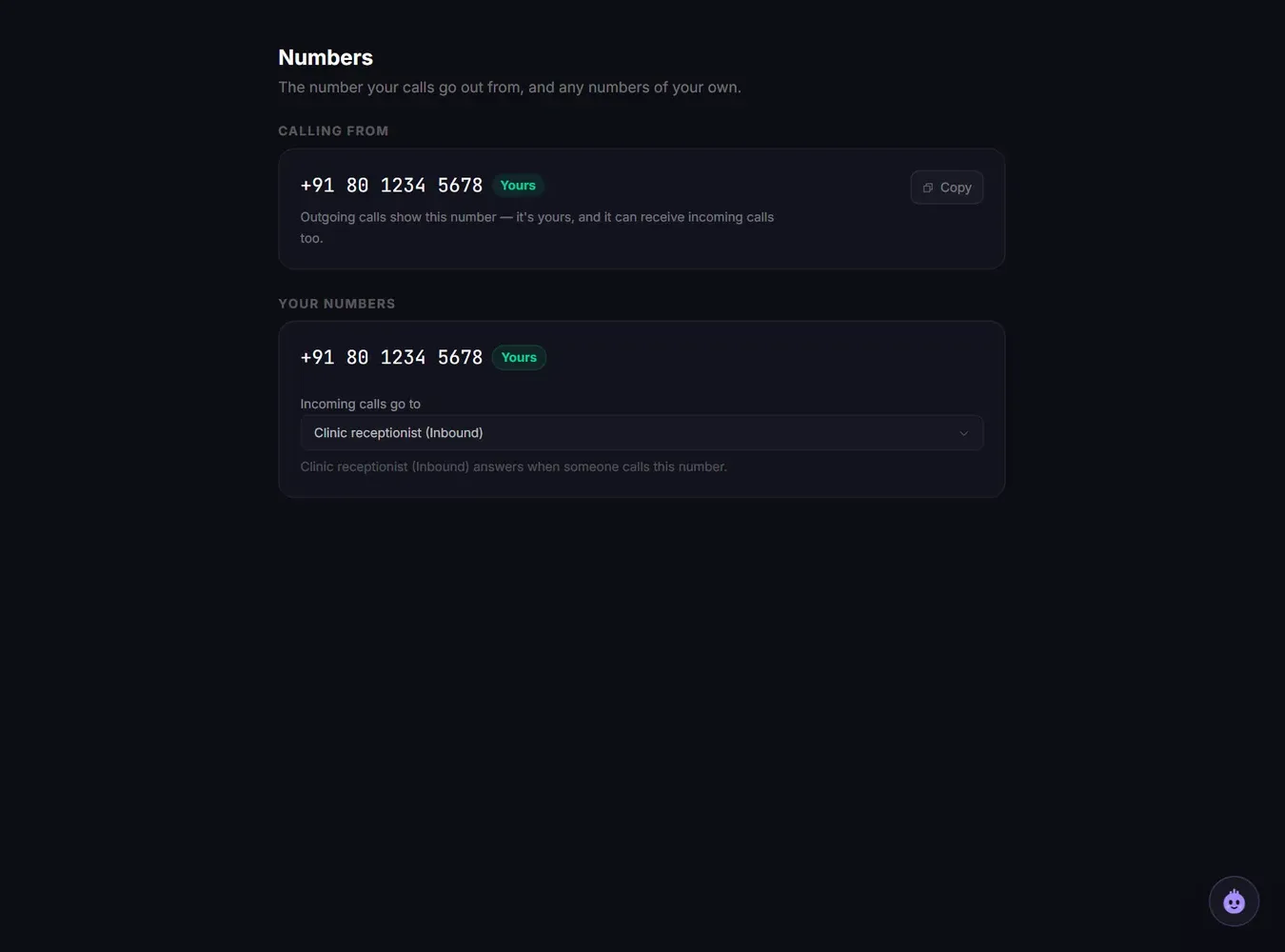 The Numbers page with a dedicated number and the agent that answers incoming calls