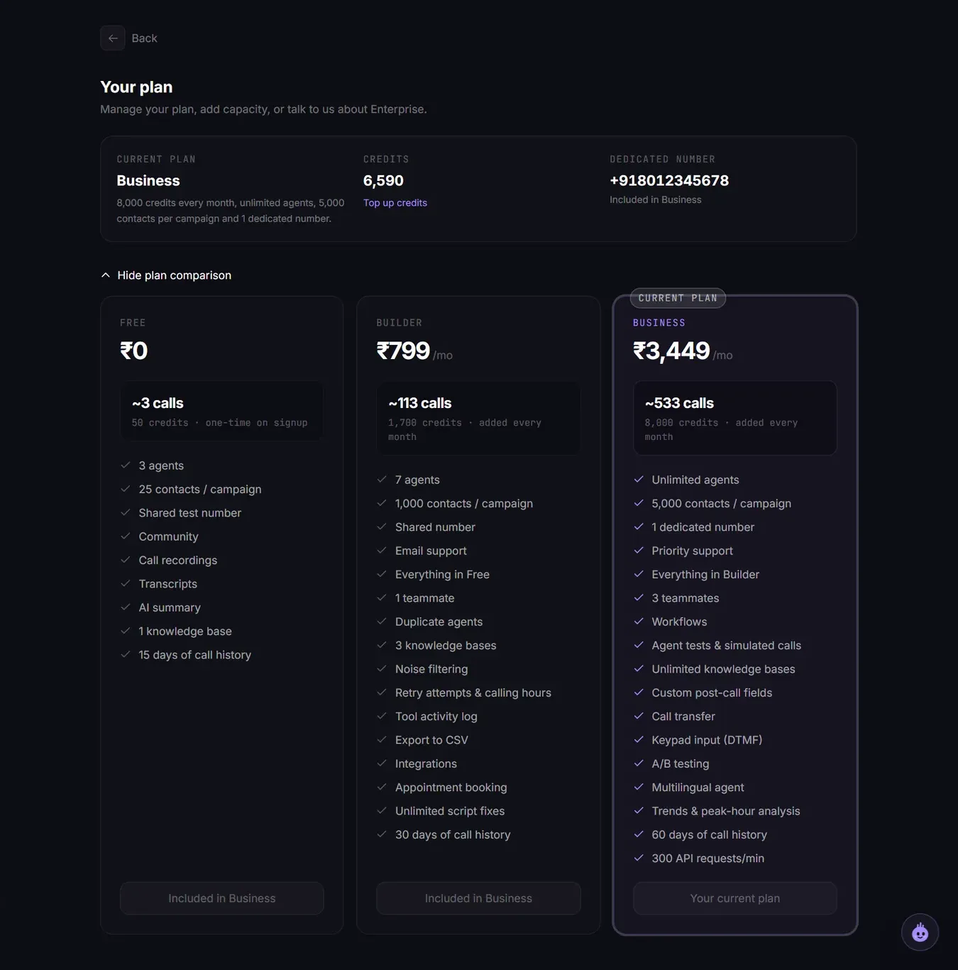 The Plan and billing page with the Free, Builder and Business plans